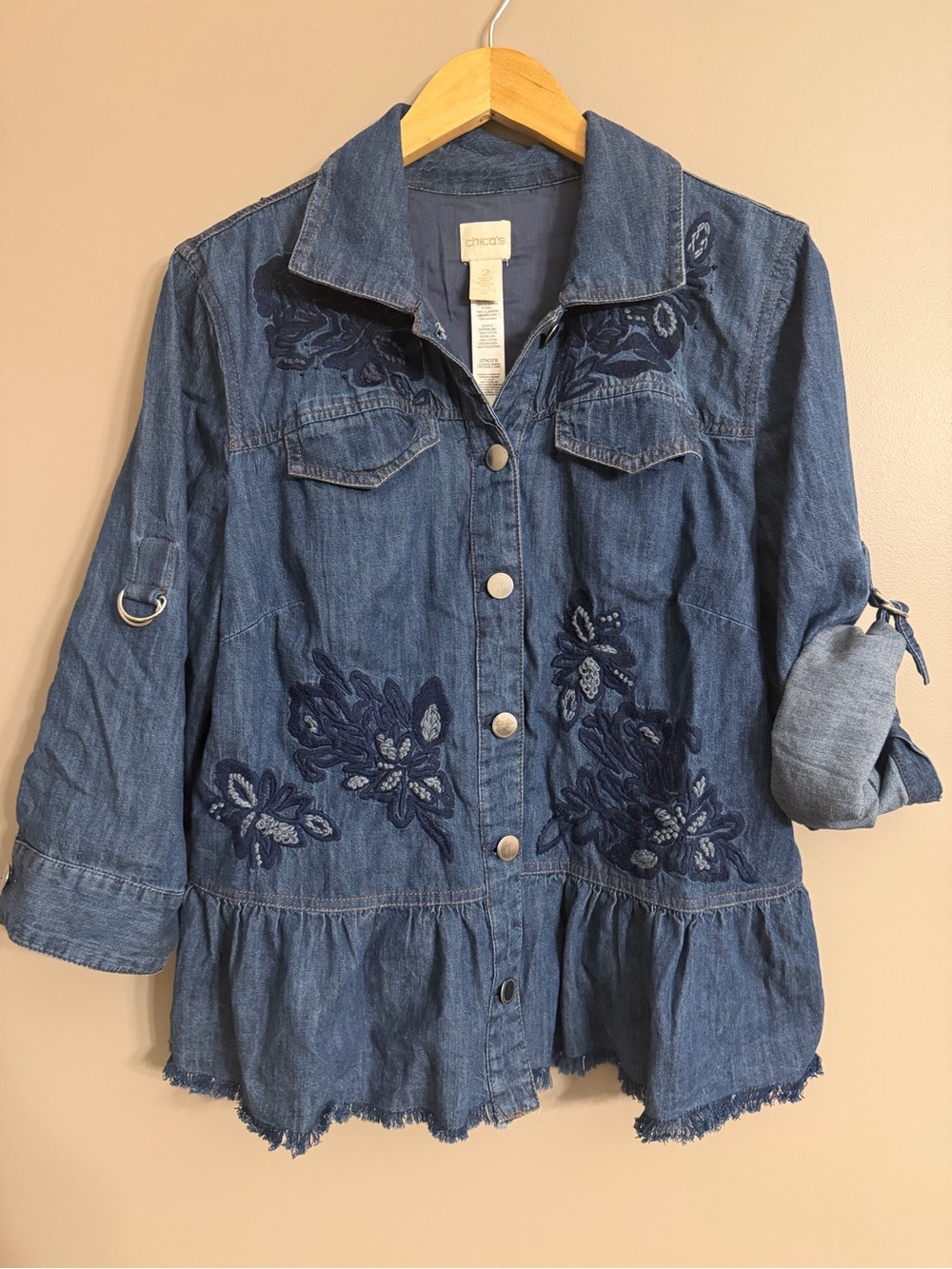 Chico's Embroidered & Beaded Denim Peplum Jacket / Shirt 